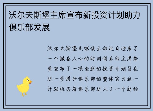 沃尔夫斯堡主席宣布新投资计划助力俱乐部发展